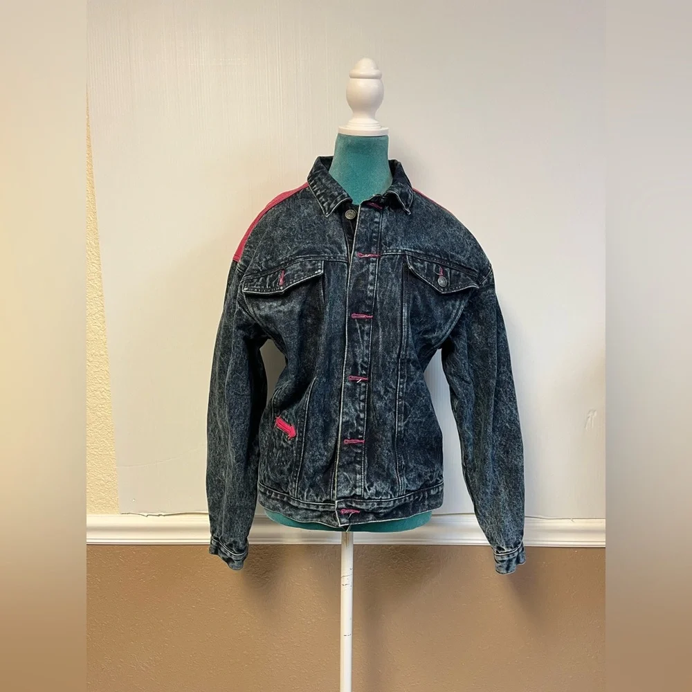 Vintage Sergio of New‎ York Acid Wash Denim Jacket | Pink Leather Yoke Size 9/10
